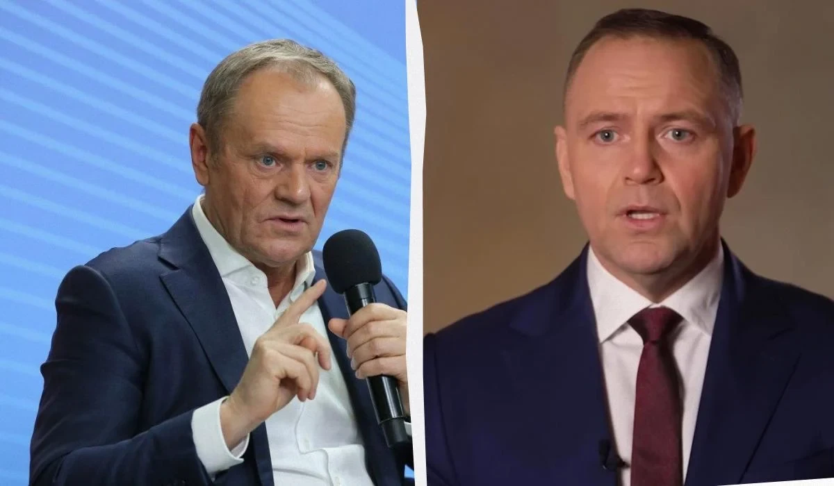 Колаж з портретами Дональда Туска та Кароля Навроцького і скриншот допису в соцмережі Х